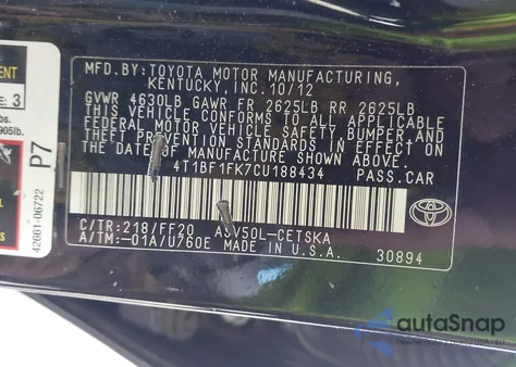 2012 Toyota Camry Se from USA, damaged, VIN 4T1BF1FK7CU188434
